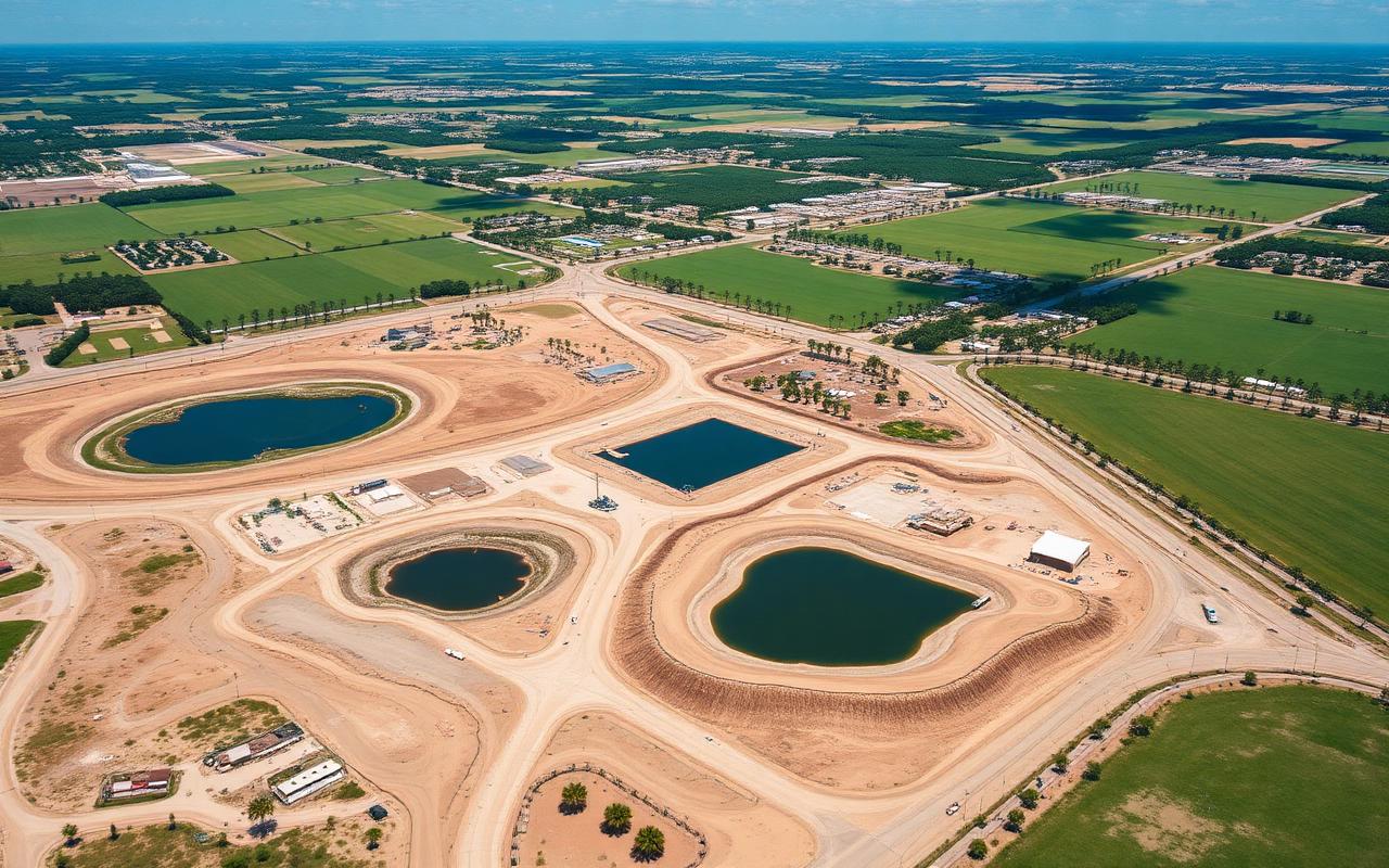 Aerial view of a Florida development site with graded sandy ground and retention ponds