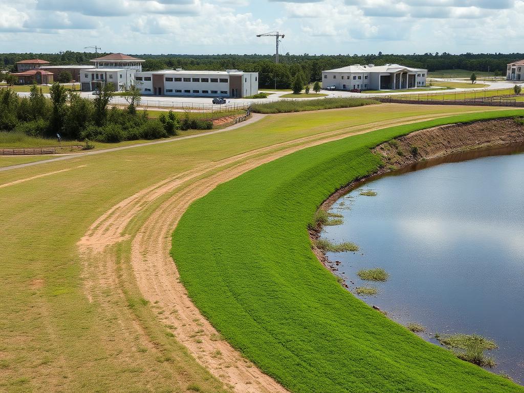 Graded pads, retention banks and open areas seeded for cover after construction.
