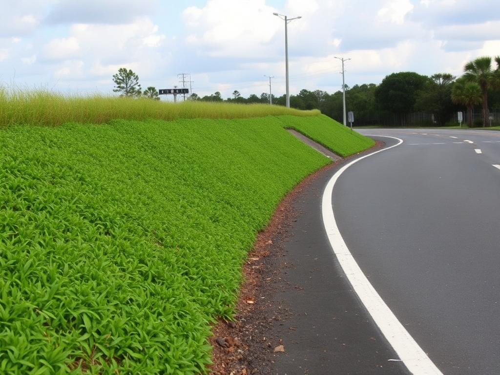 Embankments and roadside slopes treated for vegetation and surface protection.